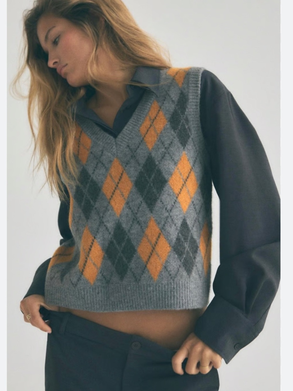 ZARA Like New Gray and Rust Argyle Sweater Vest